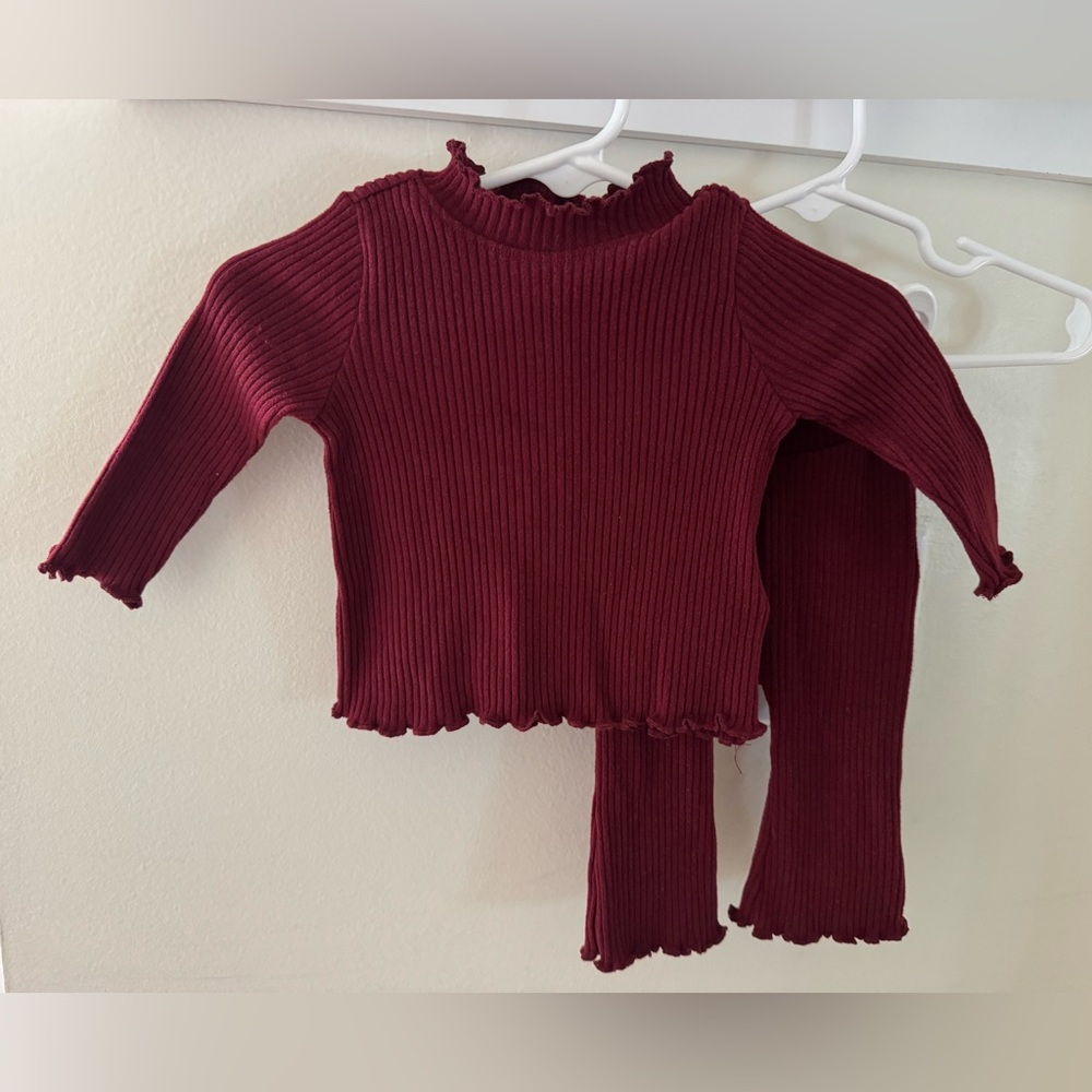 0-3M- Burgundy Kids Ribbed Top and Pants Set